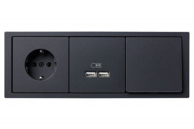 Блок: Выключатель 1-клавишный, розетка 2к+з,  USB зарядное устройство, цвет - антрацит, серия D-Life