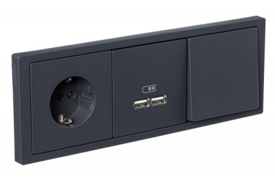 Блок: Выключатель 1-клавишный, розетка 2к+з,  USB зарядное устройство, цвет - антрацит, серия D-Life