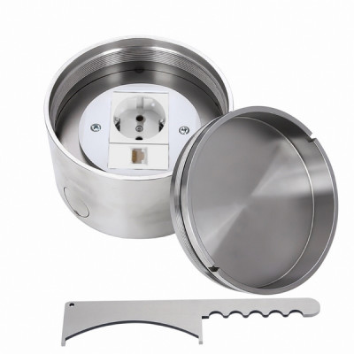 Люк напольный на 1,5 модуля, влагостойкий, IP66, с розеткой 220В и RJ45, металлический, круглый, h=70мм d=126мм, крышка с углублением 21мм, TIMIUX, нержавеющая сталь, EU1M1H70D126U-IP66 ST