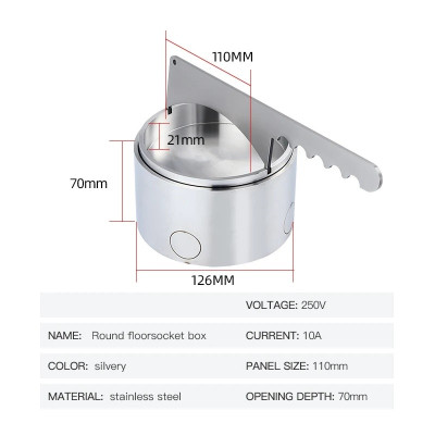 Люк напольный на 1,5 модуля, влагостойкий, IP66, с розеткой 220В и RJ45, металлический, круглый, h=70мм d=126мм, крышка с углублением 21мм, TIMIUX, нержавеющая сталь, EU1M1H70D126U-IP66 ST