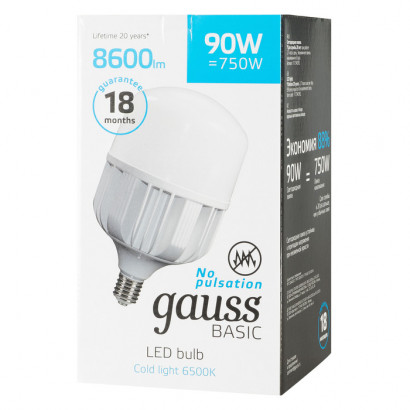 Лампа Gauss Basic T160 AC180-240V 90W 8600lm 6500K E40 LED 1/6, 11734392