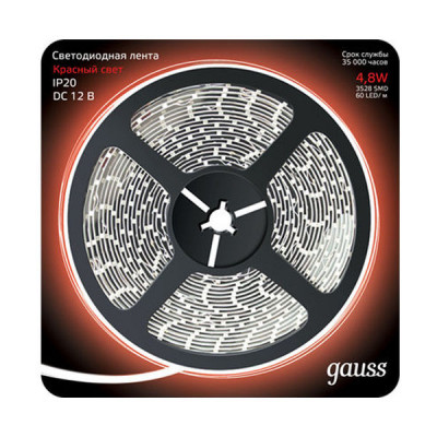 Лента Gauss LED 2835/60-SMD 4.8W 12V DC красный (блистер 5м), 312000705
