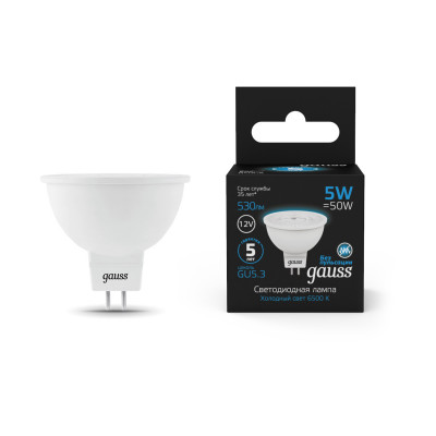 Лампа Gauss MR16 12V 5W 530lm 6500K GU5.3 LED 1/10/100, 201505305