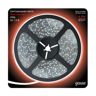Лента Gauss LED 2835/60-SMD 4.8W 12V DC красный IP66 (блистер 5м), 311000705