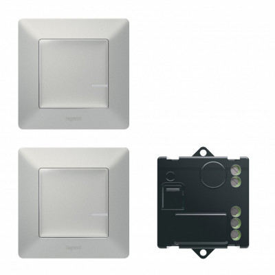 752350 - Valena Life with NETATMO.Пакет для управления освещением c 2х мест. Микромодуль реле 300 Вт 240В + два умных беспроводных 1-клавишных выключателя.Цвет Алюминий
