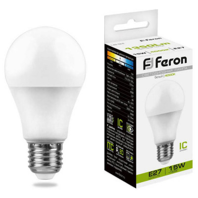 Лампа светодиодная, (15W) 230V E27 4000K A60, LB-94, Feron 25629