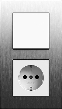 Gira Блок: Выключатель 1-клавишный с розеткой 2к+з, глянцевый белый - Нержавеющая сталь, серия Esprit
