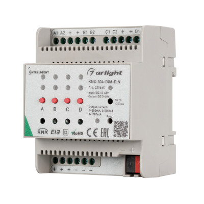 INTELLIGENT ARLIGHT Диммер KNX-204-DIM-DIN (12-48V, 8x0.35/4x0.7/2x1A) (IARL, IP20 Пластик, 2 года), 025660