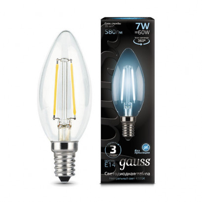 Лампа Gauss Filament Свеча 7W 580lm 4100К Е14 LED 1/10/50, 103801207