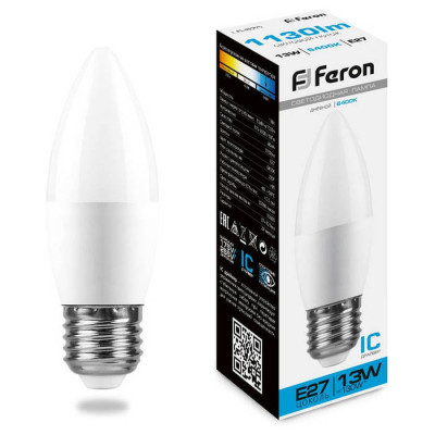 Лампа светодиодная, (13W) 230V E27 6400K С37, LB-970, Feron 38112