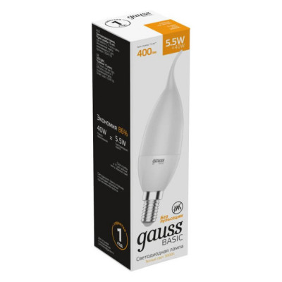 Лампа Gauss Basic Свеча на ветру 5,5W 400lm 3000K E14 LED 1/10/50, 1034116