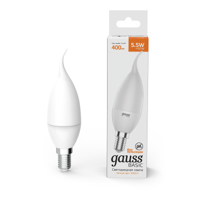 Лампа Gauss Basic Свеча на ветру 5,5W 400lm 3000K E14 LED 1/10/50, 1034116