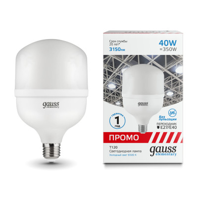 Лампа Gauss Elementary T120 40W 3150lm 6500K E27/E40 Promo LED 1/8, 60434