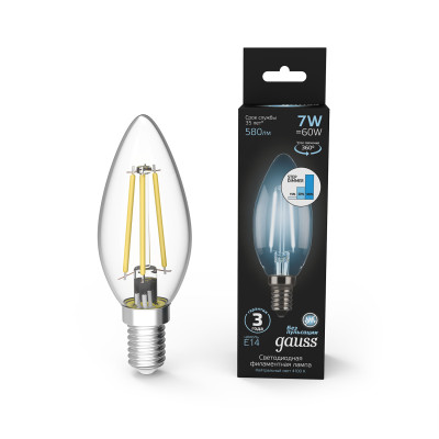 Лампа Gauss Filament Свеча 7W 580lm 4100К Е14 шаг. диммирование LED 1/10/50, 103801207-S
