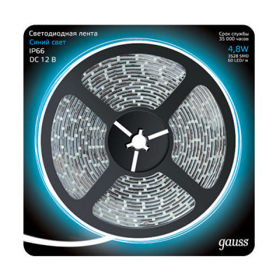 Лента Gauss LED 2835/60-SMD 4.8W 12V DC синий IP66 (блистер 5м), 311000505