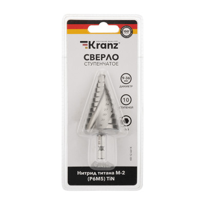 Сверло по металлу ступенчатое ТИТАН 9,0-36,0мм, 110мм, 65 HRC, Р6М5 TiN KRANZ, KR-12-6614