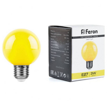 Лампа светодиодная,  (3W) 230V E27 желтый G60, LB-371, Feron 25904