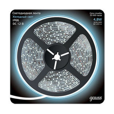 Лента Gauss LED 2835/60-SMD 4.8W 12V DC холодный белый IP66 (блистер 5м), 311000305