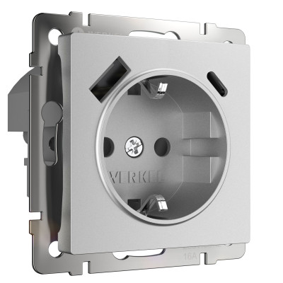 Werkel W1171765/ Розетка с заземлением, шторками и USB тип A+C  (серебряный матовый), a063618