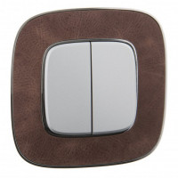 Legrand Выключатель 2-клавишный, вставка - алюминий, рамка - кожа, серия Valena Allure