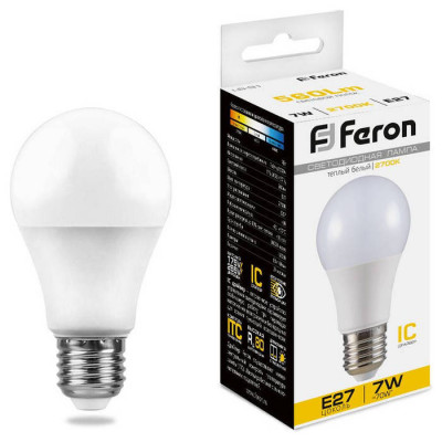 Лампа светодиодная, (7W) 230V E27 2700K A60, LB-91, Feron 25444
