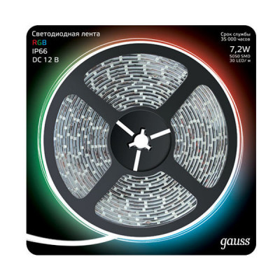 Лента Gauss LED 5050/30-SMD 7.2W 12V DC RGB IP66 (блистер 5м), 311000407