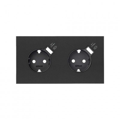 Simon 10020211-238 Кит 2 поста, фронт. Накладка на 2 розетки Schuko с з/у USB SC цвета черный матовый S100
