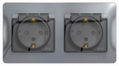 РОЗЕТКА двойная с заземлением, со шторками, в сборе, IP44, АЛЮМИНИЙ