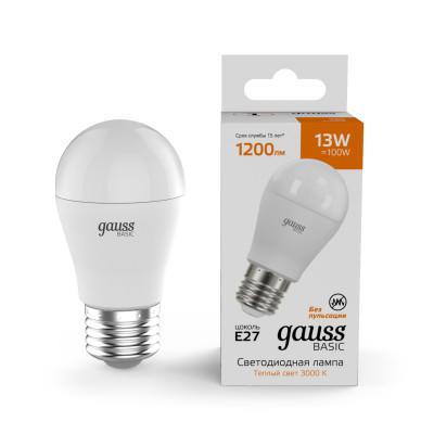 Лампа Gauss Basic Шар 13W 1200lm 3000K E27 LED 1/10/100, 10502132