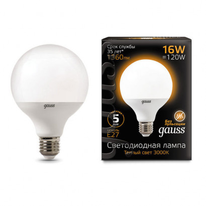 Лампа Gauss G95 16W 1480lm 3000K E27 LED 1/20, 105102116