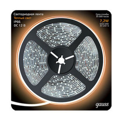 Лента Gauss LED 5050/30-SMD 7.2W 12V DC теплый белый IP66 (блистер 5м), 311000107