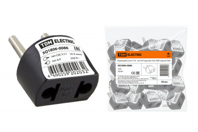 Переходник (тип С1-В - тип A/F) круглый 16A 250В черный TDM Electric, SQ1806-0086