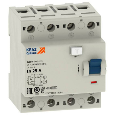 ВДТ без защиты от сверхтоков OptiDin DM63-4363-A-УХЛ4 (4P, 63, 100mA), КЕАЗ, 254322