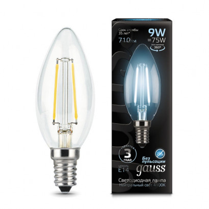 Лампа Gauss Filament Свеча 9W 710lm 4100К Е14 LED 1/10/50, 103801209