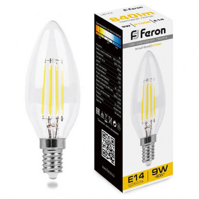Лампа светодиодная, (9W) 230V E14 2700K прозрачная, LB-73, Feron 25956