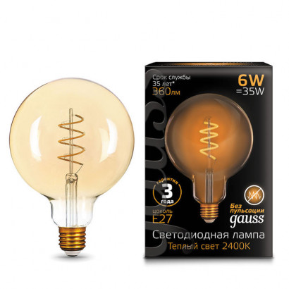 Лампа Gauss Filament G125 6W 360lm 2400К Е27 golden flexible LED 1/20, 158802008