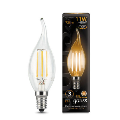 Лампа Gauss Filament Свеча на ветру 11W 810lm 2700К Е14 LED 1/10/50, 104801111