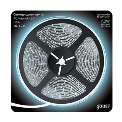 Лента Gauss LED 5050/30-SMD 7.2W 12V DC холодный белый IP66 (блистер 5м), 311000307