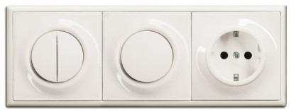 ABB Блок на 3 поста:  Выключатель 1-клавишный + Выключатель 2-клавишный + розетка 2к+з, вставка - белый, рамка - белый, серия Impus