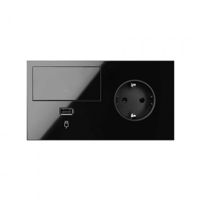 Simon 10020209-138 Кит 2 поста, фронт. Накладка на 1 розетку Schuko (справа) + 1 з/у USB SC + 1 клавиша светорегулятора цвета черный глянец S100