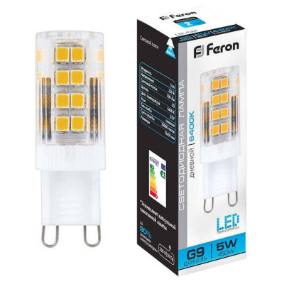 Лампа светодиодная, (5W) 230V G9 6400K JCD9, LB-432, Feron 25771