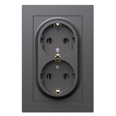 ATN001424 - ATLASDESIGN РОЗЕТКА двойная с заземлением без шторок, 16А, в сборе, БАЗАЛЬТ, Systeme Electric