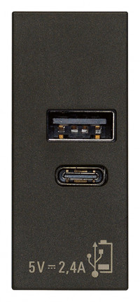 Vimar Зарядное устройство с разъемом USB A+C 5V 2,4A, 1модуль, черное, 30292.ACG