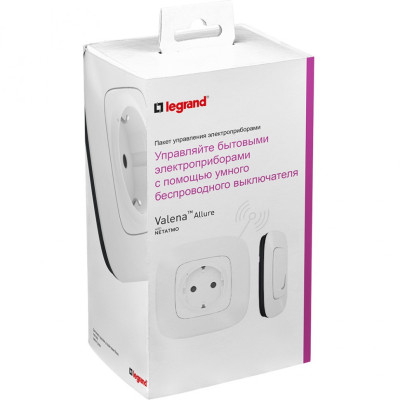 752554 - Valena Allure with NETATMO. Пакет для управления бытовыми электроприборами.  Умная розетка 2К+З 16А 230В + умный беспроводной 1-клавишный выключатель.Цвет Белый