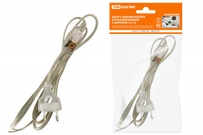 Шнур с выключателем и плоской вилкой с вырезом ШУ03В ШВВП 2х0,75мм2 2 м. прозрачный TDM Electric, SQ1305-0024