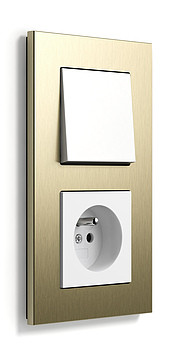 Gira Блок: Выключатель 1-клавишный с розеткой 2к+з, глянцевый белый - Латунь матированная, серия Esprit