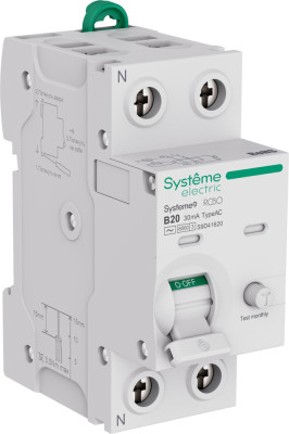 Systeme9 Авт. выкл. диф. тока (АВДТ) 1P+N B 20A 6kA 30мА Тип-AC 230В, Systeme Electric, S9D41620