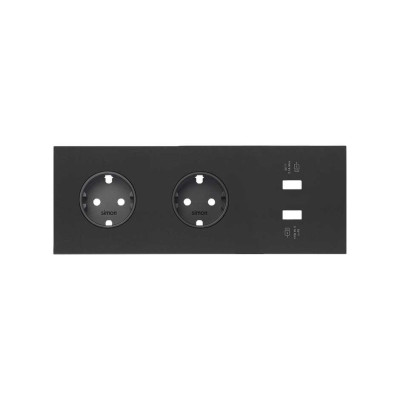 Simon 10020309-238 Кит 3 поста, фронт. Накладка на 2 розетки Schuko + 2 з/у USB SC цвета черный матовый S100