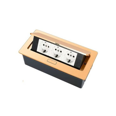 Выдвижная настольная розетка (люк/лючок) на 3 модуля, h=70мм, в комплекте с монт. коробкой, TIMIUX, золото, EU3H70DS GD