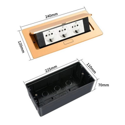 Выдвижная настольная розетка (люк/лючок) на 3 модуля, h=70мм, в комплекте с монт. коробкой, TIMIUX, золото, EU3H70DS GD